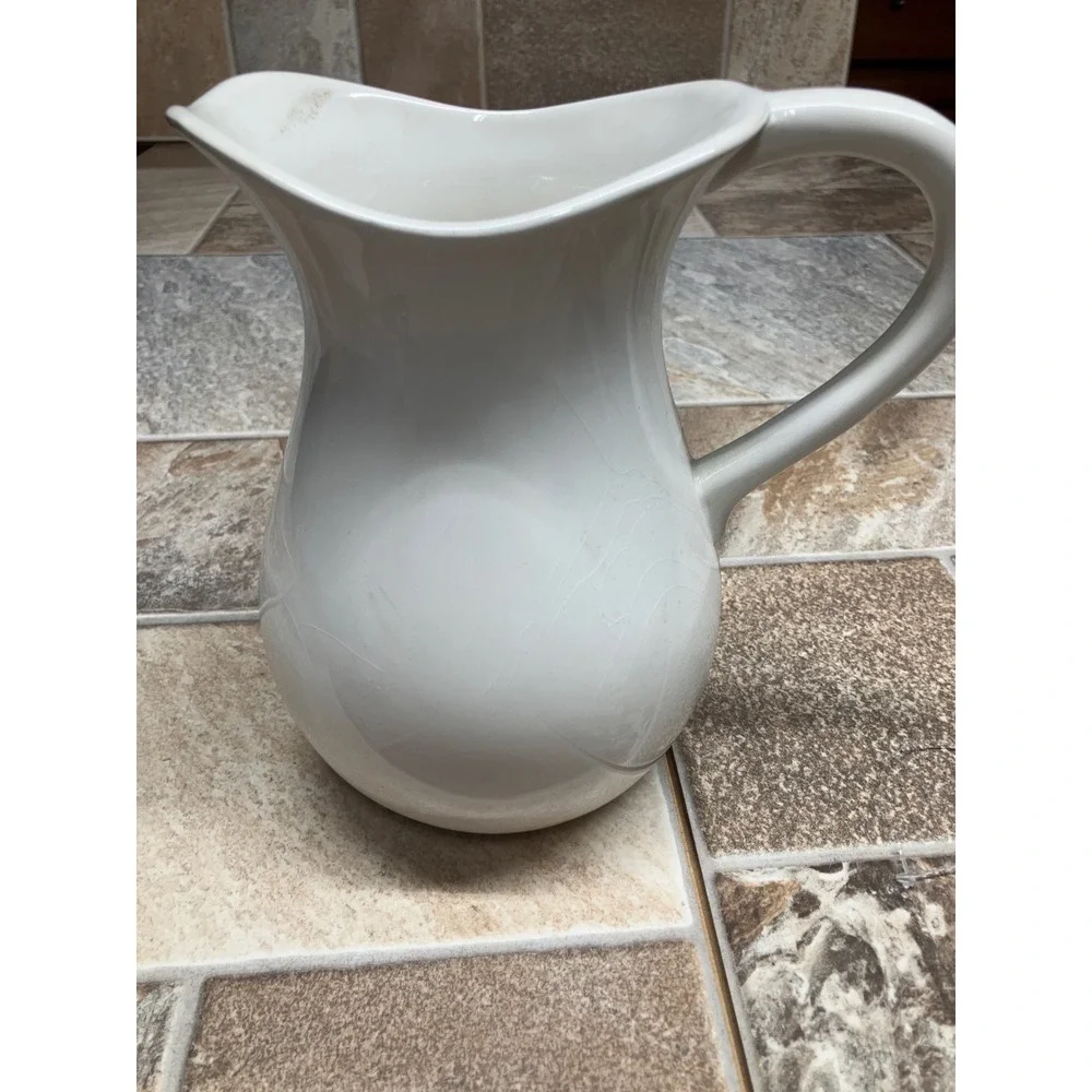 White Ceramic Pitcher Scalloped Rim Farmhouse Style Flower Vase 7 Inch